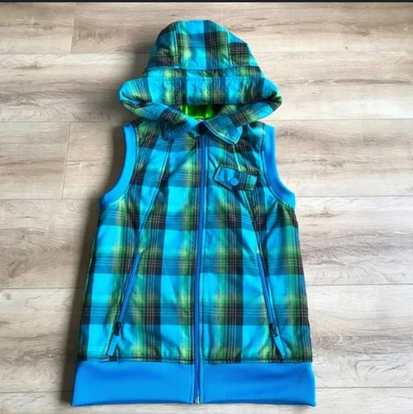 Burton Dryride XL Blue Plaid Sleeveless Vest Hooded Winter - Picture 2 of 7